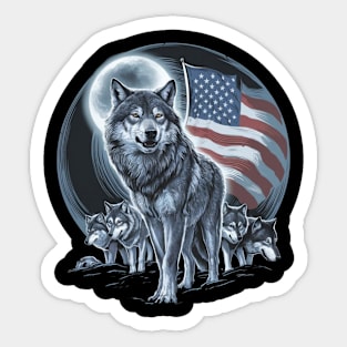 Wolves Under Moon Howling Wolf 4th of July American Flag Sticker